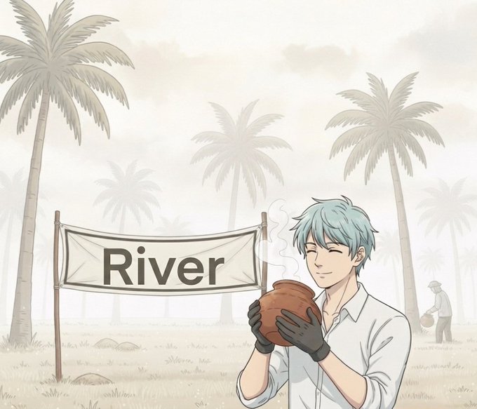 An anime-style illustration shows a teal-haired man holding a steaming clay pot, with a banner reading 'River' and palm trees in the background.