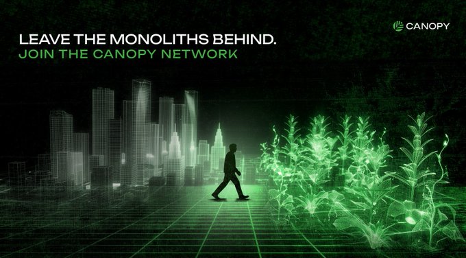 A stylized green-tinted image for 'CANOPY' with text 'LEAVE THE MONOLITHS BEHIND. JOIN THE CANOPY NETWORK', showing a silhouette walking between city skyscrapers and glowing digital plants.
