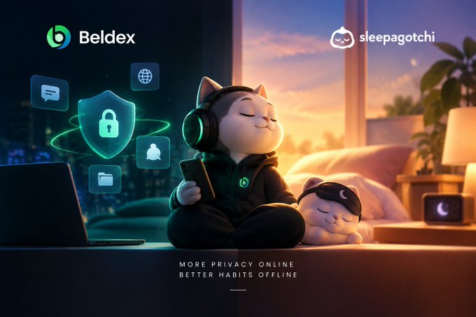 An advertisement showing a cute cat character in headphones using a smartphone with floating security icons, alongside a sleeping puppy and a laptop, with logos for 'Beldex' and 'sleepagotchi' and the tagline 'MORE PRIVACY ONLINE, BETTER HABITS OFFLINE.'