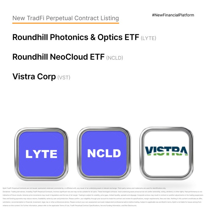 Bybit announces new TradFi perpetual contract listings for $LYTE (Roundhill Photonics & Optics ETF), $NCLD (Roundhill NeoCloud ETF), and $VST (Vistra Corp), now available for trading with up to 25x leverage.