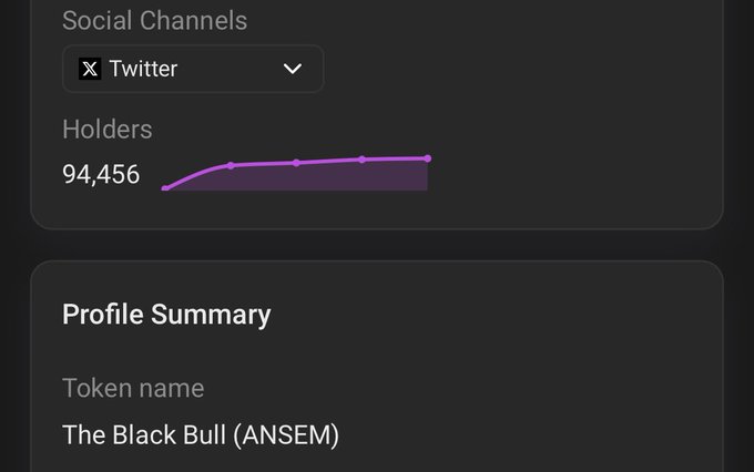 A screenshot of a token profile page showing 94,456 holders for "The Black Bull (ANSEM)" with an associated Twitter social channel, aligning with the post's call for SOL addresses to help reach the 1 million holder milestone for the upcoming $ANSEM airdrop.