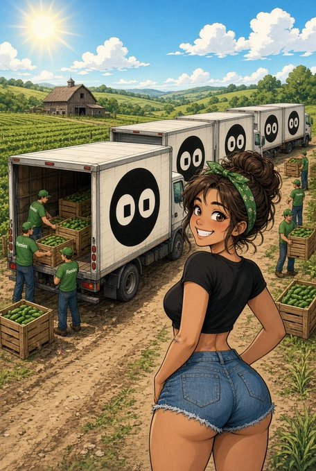 An illustrated scene shows a smiling woman with a green headband in the foreground while farm workers in green shirts load crates of produce onto delivery trucks marked with a black circular 'OO' logo on a sunny rural farm.