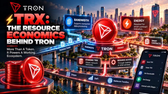 An infographic titled 'TRON: TRX: THE RESOURCE ECONOMICS BEHIND TRON' explains how bandwidth and energy power the working ecosystem, showing TRX staking, smart contracts, DApps, DeFi, and stablecoin transfers.