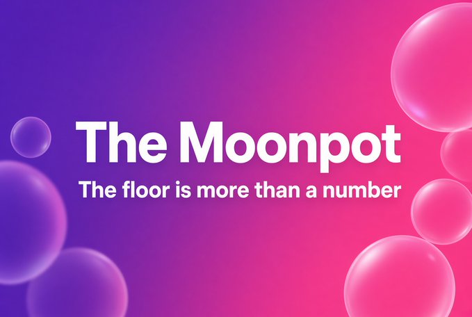 A promotional banner with "The Moonpot" title and tagline "The floor is more than a number" against a purple-to-pink gradient background with floating pink bubbles.