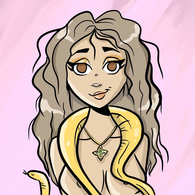 A digital illustration of a woman with wavy brown hair and large brown eyes, wrapped in a yellow snake, wearing a star-shaped pendant necklace against a pink background.