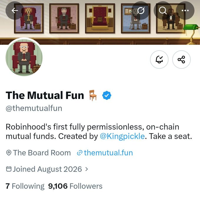 A Twitter/X profile page for 'The Mutual Fun' (@themutualfun), described as 'Robinhood's first fully permissionless, on-chain mutual funds,' created by @Kingpickle, with pixel art boardroom-style banner images.