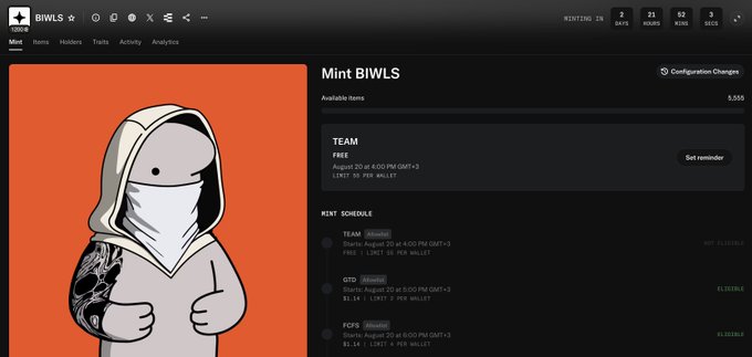 The image shows the OpenSea listing page for the "BIWLS" NFT collection, specifically the "Mint BIWLS" page, displaying 5,555 available items with a mint schedule showing TEAMS (FREE), GTD, and FCFS rounds starting August 20 at 4:00 PM GMT+3, priced at 0.18 ETH per wallet with a limit of 50 per wallet. The accompanying tweet aligns with this content, mentioning mint details for the BIWLS collection and indicating the user will mint 2 GTDs (Guaranteed spots) during the mint event.