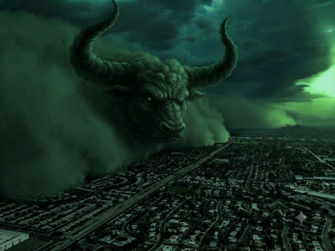 A dramatic digital artwork depicting a massive, shadowy bull with glowing green eyes emerging from a storm cloud over a city, symbolizing a powerful bull market.