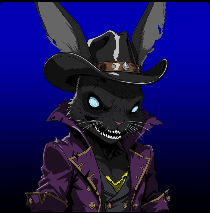 Digital artwork of a sinister, fanged anthropomorphic black rabbit character wearing a cowboy hat with a studded band and a purple trench coat, set against a bright blue background.