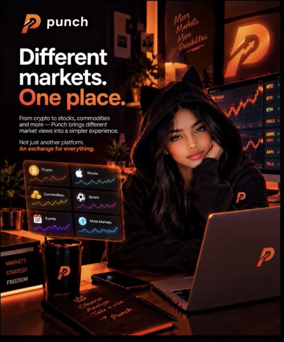 A hooded woman sits at a desk with a laptop and coffee mug beside a "Punch" trading platform advertisement reading "Different markets. One place." and listing categories including Crypto, Stocks, Commodities, Sports, Events, and More Markets, with tickers like BTC, ETH, GOLD, AAPL visible on background screens. The image visually reinforces the post's theme of fragmented markets—crypto, gold, stocks—by showcasing Punch as a unified platform that consolidates these diverse trading opportunities into a single, streamlined experience.
