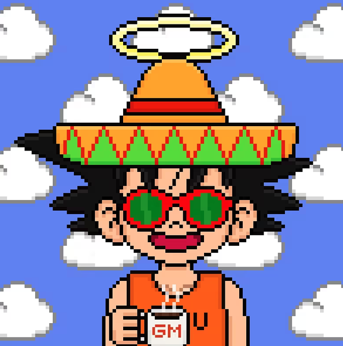 Pixel art of a character resembling Goku wearing a sombrero, watermelon glasses, and a halo, holding a camera labeled 'GM' against a cloudy blue sky.