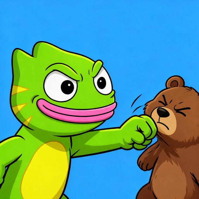 A cartoon illustration of a green cat-like character with a wide grin punching a brown bear in the face against a blue background.