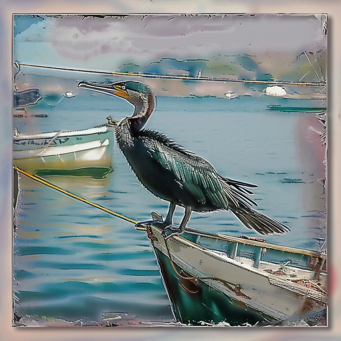 A stylized, painterly digital image of a cormorant perched on the bow of a small boat, with other boats and hills visible in the harbor background.