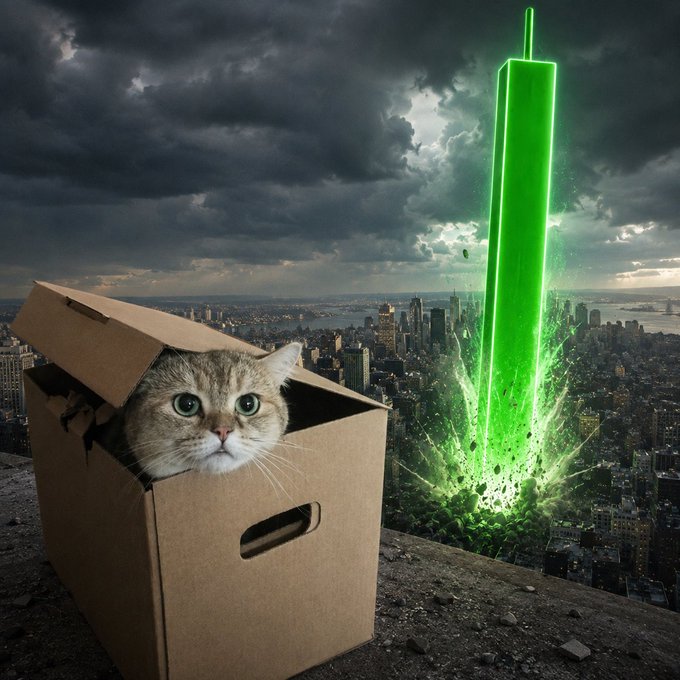 A surreal composite image of a tabby cat sitting inside a cardboard box on a rooftop, with a giant glowing green obelisk emerging from the city below in the background.