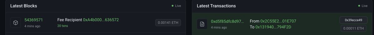 The screenshot displays an Ethereum block explorer showing the latest block (#54369571) was mined 4 minutes ago with 20 transactions, and a latest transaction from address 0x2C55E2...01E707 to 0x131940...794F2D just 4 minutes prior. This corroborates the post's claim that Robinhood Chain experienced downtime, as evidenced by the 4-minute gap since the last processed block.