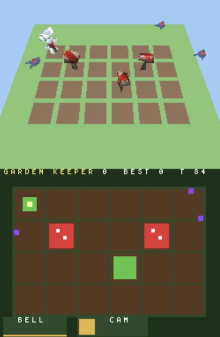 Two screenshots of a game featuring a grid with characters and colored squares; the top shows a 3D perspective with the text 'GARDEN KEEPER 0 BEST 0 Y 84', and the bottom shows a 2D grid with 'BELL' and 'CAM' labels.