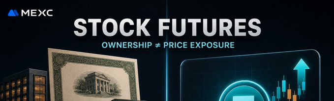 A promotional banner for MEXC's "Stock Futures" product, featuring the tagline "OWNERSHIP ≠ PRICE EXPOSURE" alongside imagery of a dollar bill, a building, and a digital chart with an upward arrow. The graphic visually reinforces the post's message about gaining stock price exposure directly on the exchange without the hassle of opening a separate brokerage account or dealing with deposit delays.