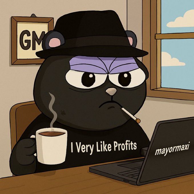 A cartoon illustration of a black bear character wearing a fedora, smoking a cigarette, and holding a coffee mug, with the shirt text 'I Very Like Profits' and a laptop labeled 'mayormaxi' in front of a 'GM' framed picture.