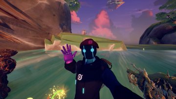 A digital avatar with glowing blue eyes waves at the camera inside a vibrant virtual world, featuring floating islands, lush greenery, and purple cosmic skies. The scene reflects the post's celebration of a gaming event and after party, with the futuristic environment showcasing the immersive experience being tested in the OthersideMetaverse.