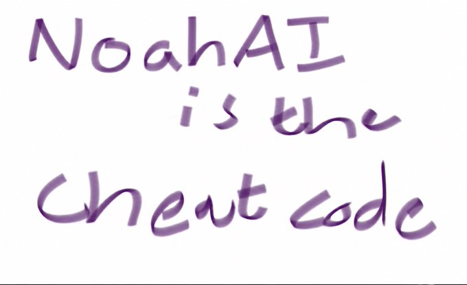 The image shows handwritten purple text reading "NoahAI is the cheat code" on a white background, presented in a casual, marker-style script.

This image relates to the post about the Solana community by highlighting "NoahAI" as a "cheat code," suggesting it is a valuable tool or advantage for users within that community, implying NoahAI provides an edge or special benefit for Solana participants.