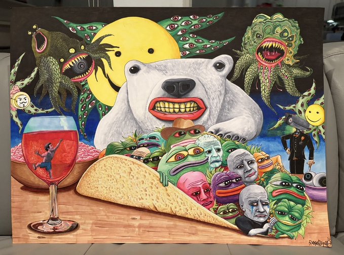 A surreal painting features a giant white bear-like face with a toothy grin, surrounded by monster plants, a taco filled with celebrity faces (including what appears to be Pepe the Frog), and a wine glass with a small figure inside.