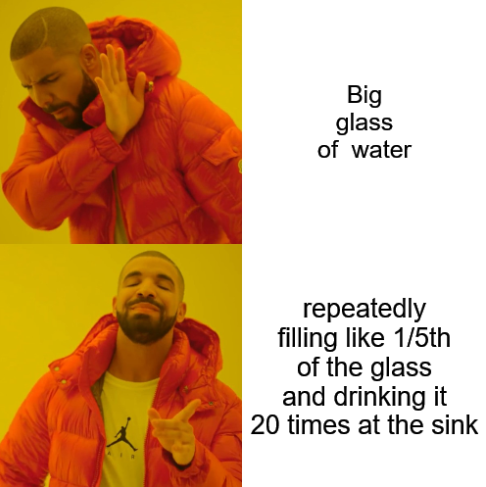 The image features a collage of two photos, one with a man wearing an orange jacket holding his arm up and another photo showing a glass filled halfway with water. The caption below the images reads "Big glass of water Repeatedly filling like 1/5th of the glass and drinking it 20 times at the sink".