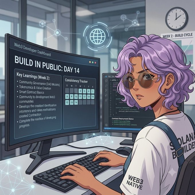 An anime-style illustration of a purple-haired developer with sunglasses at a dual-monitor workstation; the main screen displays a "Web3 Developer Dashboard" titled "BUILD IN PUBLIC: DAY 14" showing key learnings and a consistency tracker.
