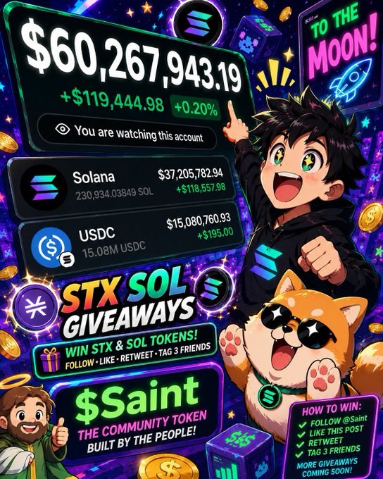 A vibrant crypto giveaway graphic displays a portfolio totaling **$60,267,943.19** (+$119,444.98), featuring holdings in **Solana (230.93 SOL)** and **USDC (15.08M USDC)**, alongside an animated character pointing to a "TO THE MOON!" rocket and a Shiba Inu dog mascot wearing sunglasses. The image promotes an **"STX SOL GIVEAWAYS"** contest to win STX and SOL tokens by following, liking, retweeting, and tagging 3 friends, tying into the post's call for users to drop their SOL addresses and engage to potentially win from the highlighted balance.