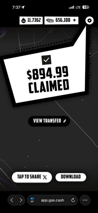 Gas.cash mobile app screenshot showing $894.99 claimed transfer with options to share or download.