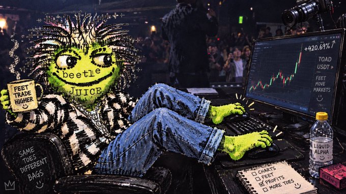 Satirical illustration of a green-faced figure with wild hair trading stocks on a computer, surrounded by various trading-related text labels like 'beetle juice', 'FEET TRADE HIGHER', and 'LIQUID ALPHA'.