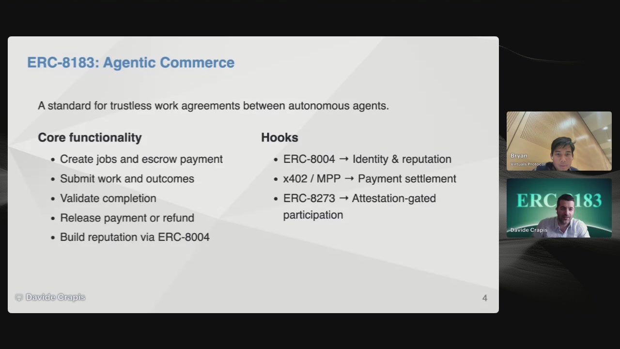 The image shows a presentation slide about agent commerce with two men sitting behind a computer screen. The slide has text that explains the concept of agent commerce and its importance for businesses, as well as providing details about ERC-8183, an Ethereum standard.