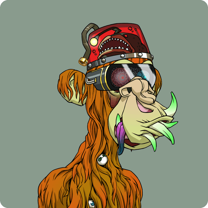 A creepy orange-furred ape with green fangs, a wrench in its mouth, and glowing VR goggles featuring a shark design wears a red spiked helmet against a gray background.