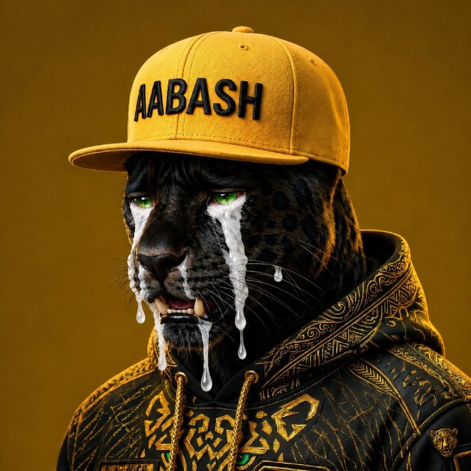 A black panther wearing a yellow cap reading 'AABASH' and an ornate dark jacket with gold designs has white liquid dripping from its eyes against a yellow background.