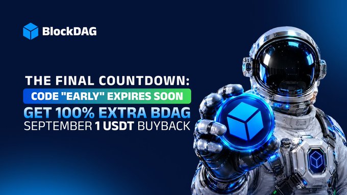 Promotional graphic for BlockDAG featuring an astronaut holding a BDAG coin, with text announcing "THE FINAL COUNTDOWN: CODE 'EARLY' EXPIRES SOON" and "GET 100% EXTRA BDAG" tied to a September 1 USDT buyback offer. The futuristic space imagery visually reinforces the "Final Countdown" urgency and the post's message about doubling one's BDAG holdings before the early-bird code expires.