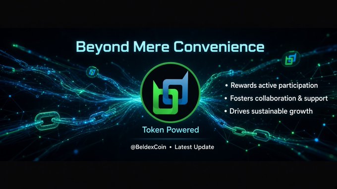 A digital graphic titled "Beyond Mere Convenience" showcases a circular green and blue logo at its center, flanked by interconnected chain links and glowing network patterns on a dark background. The image highlights BeldexCoin's (BDX) utility token benefits with bullet points listing "Rewards active participation," "Fosters collaboration & support," and "Drives sustainable growth," reinforcing the post's message that the token offers deeper value beyond simple transactional convenience.