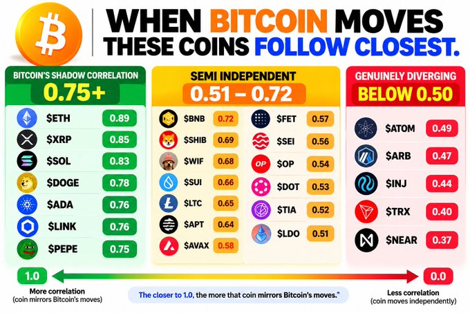 An infographic titled "WHEN BITCOIN MOVES THESE COINS FOLLOW CLOSEST" categorizes cryptocurrencies by their correlation with Bitcoin, showing $ETH (0.89), $XRP (0.85), $SOL (0.83), $DOGE (0.78), $ADA (0.76), $LINK (0.76), and $PEPE (0.75) in the "Bitcoin's Shadow" tier (0.75+), while mid-correlation coins like $BNB, $SHIB, $WIF, $SUI, $LTC, $APT, $AVAX, $FET, $SEI, $OP, $DOT, $TIA, and $LDO fall in the "Semi Independent" range (0.51-0.72), and $ATOM (0.49), $ARB (0.47), $INJ (0.44), $TRX (0.40), and $NEAR
