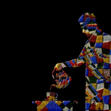 A silhouette of a person pouring tea, filled with a colorful patchwork pattern of various fabric squares against a black background.