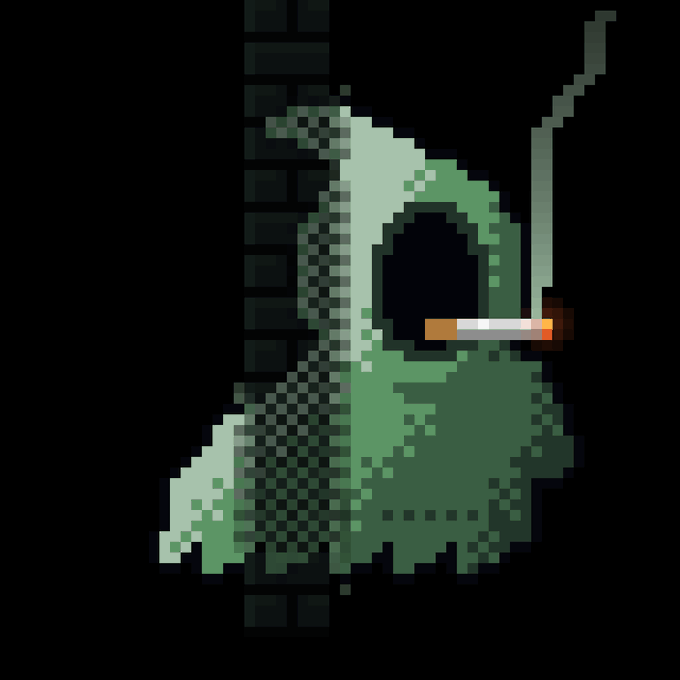 A pixel art hooded figure in green, smoking a cigarette, represents the "NULL_FACE_8" anonymous persona associated with the verified Zcash ($ZEC) shielded mode user @0xQuit. The obscured face and dark aesthetic visually mirror the privacy-focused nature of shielded Zcash transactions.