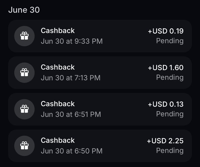 A mobile app screen displaying pending cashback earnings from June 30, with transactions of USD 0.19, 1.60, 0.13, and 2.25 listed.