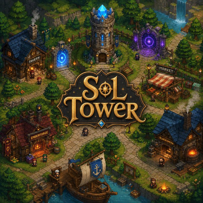The image shows a pixel-art game promotional poster for "SolTower," featuring a cozy fantasy village hub with labeled buildings including a Tavern, Emberforge, Market, and Blacksmith, a glowing central crystal tower, a portal, and a docked ship, with small character sprites scattered throughout. This directly illustrates the "SolBloom Village" hub world described in the post, visually representing the social gathering, crafting, trading, and cooperative tower defense gameplay of the Solana-based adventure.