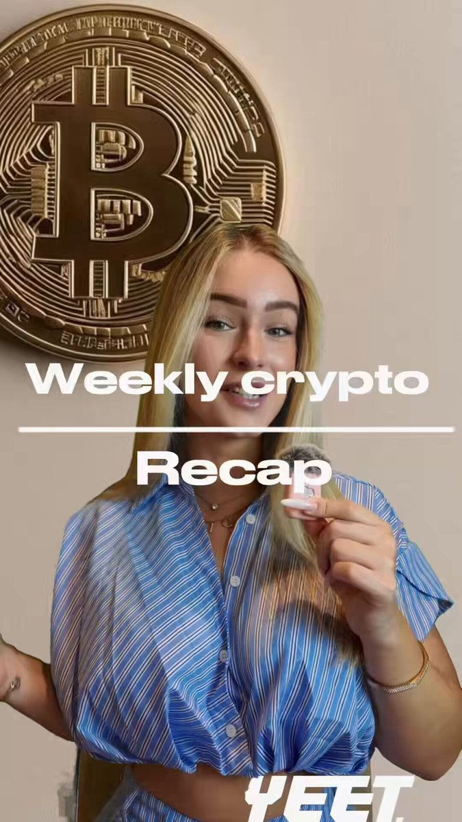The image features a woman wearing a blue dress, standing next to a large Bitcoin logo. The text "Weekly Crypto Recap" is displayed above her head, indicating that she has recently participated in a Bitcoin transaction or event. The caption below the image reads "@yeet - @megaeth updates - @AnthropicAI released Claude Opus 4.8 - Michael Saylor sold 32 BTC". This suggests that the woman might be discussing or sharing information about the latest developments and news related to Bitcoin, such as market trends, updates, or transactions involving this digital currency.