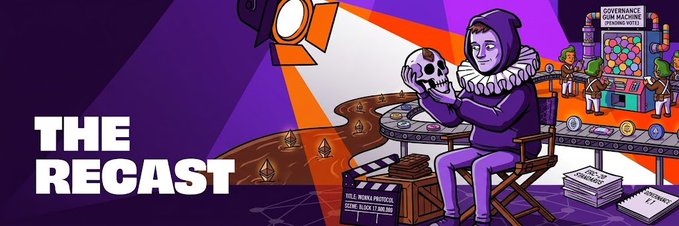 A banner reading "THE RECAST" features an illustration of a purple-clad, ruff-collared figure sitting in a director's chair while holding a skull, surrounded by film production equipment, clapperboards, and a "Governance Coin Machine." The whimsical, theatrical scene visually reinforces the post's playful concept of "recasting" Willy Wonka with Vitalik Buterin—casting Ethereum's creator in a surreal, candy-and-crypto-themed reimagining that blurs the line between fiction and decentralized innovation.