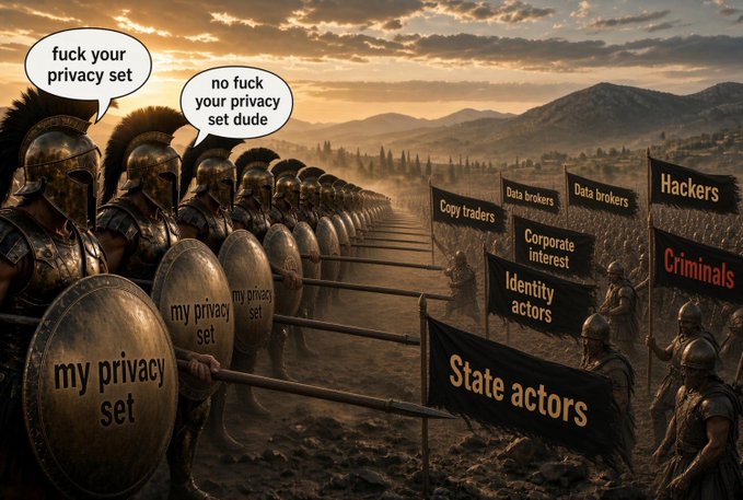 A humorous AI-generated meme depicting ancient Greek-style warriors with shields labeled "my privacy set" standing in formation against an army of banners labeled with threats like "Data brokers," "Hackers," and "State actors," with speech bubbles reading "fuck your privacy set" and "no fuck your privacy set dude."