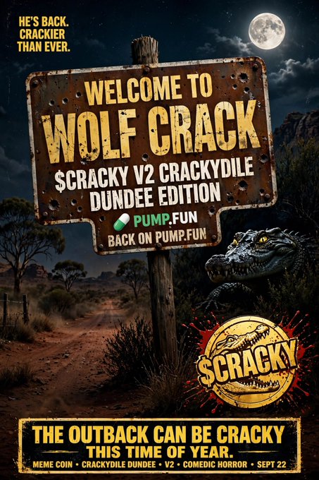 A meme-style promotional poster reading "WELCOME TO WOLF CRACK $CRACKY V2 CRACKYDILE DUNDEE EDITION," featuring a crocodile, a desert landscape, and text promoting "PUMP.FUN" and a "SEPT 22" release.