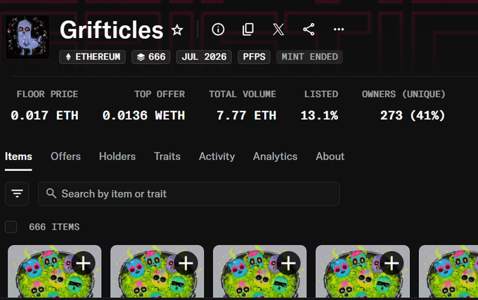 A screenshot of the 'Grifticles' NFT collection page on OpenSea, showing 666 items on Ethereum with a floor price of 0.017 ETH, top offer of 0.0136 WETH, and mint ended status.