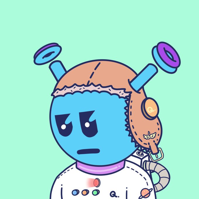 A cartoon blue alien-like QuirkiesNFT character wearing an orange aviator cap with spinning antennae displays a stoic, unamused expression against a mint green background, visually embodying the post's message about diamond-handed holders staying calm amid a red market.
