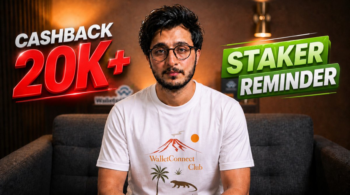 A YouTube thumbnail featuring a man in a 'WalletConnect Club' t-shirt sitting on a couch, with text overlays reading 'CASHBACK 20K+' and 'STAKER REMINDER'.