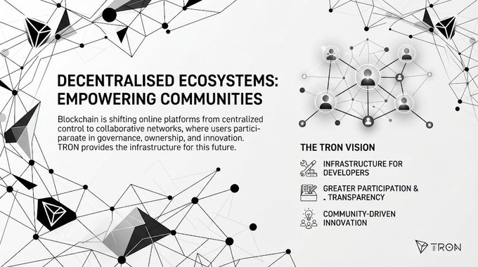 An infographic titled 'DECENTRALISED ECOSYSTEMS: EMPOWERING COMMUNITIES' explaining blockchain's shift to user control, highlighting 'THE TRON VISION' for developers, transparency, and innovation.