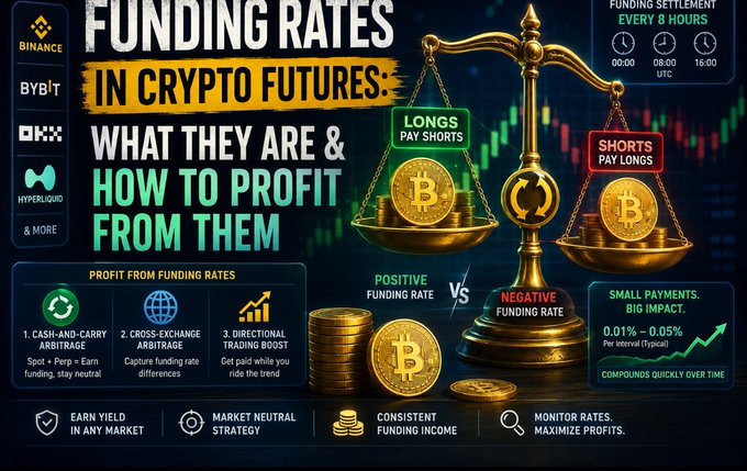 The image shows two gold weighing scales, with one scale displaying three Bitcoins and the other showing two Bitcoins. The text above them states "Funding Rates In Cryptocurrencies", indicating that they are discussing the rates in cryptocurrency markets. Below the weighing scales, there is information about how to profit from Bitcoin and Futures, including strategies for maximizing returns and managing risks.