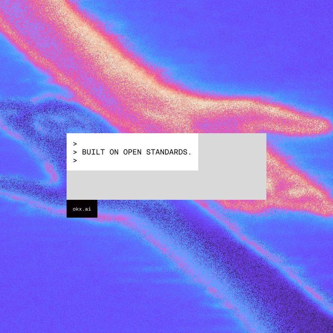 The image features a colorful purple and pink gradient background with the text "BUILT ON OPEN STANDARDS" displayed in a terminal-style box, alongside the "okx.ai" logo. It visually represents the announcement of OKX's agentic tools, including the Agentic Marketplace, which enables AI agents to autonomously run businesses using OKX's onchain infrastructure.